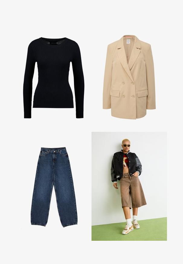Blazer de doble botonadura en beige con rayas verticales blancas, solapas con muesca, dos bolsillos frontales y cuatro botones, confeccionado en un tejido suave.; Suéter negro de manga larga con costillas, de cuello redondo y silueta ajustada. La textura es suave con un ligero estiramiento en todo el tejido.; Jeans de mezclilla de pierna ancha en azul oscuro, con una cintura alta, cinco bolsillos, remaches de latón y dobladillos limpios.; Persona con cabello corto rubio usando gafas de sol, chaqueta varsity negra, top gráfico corto, pantalones cortos de pierna ancha marrones y zapatillas Nike blancas, de pie sobre un suelo verde.