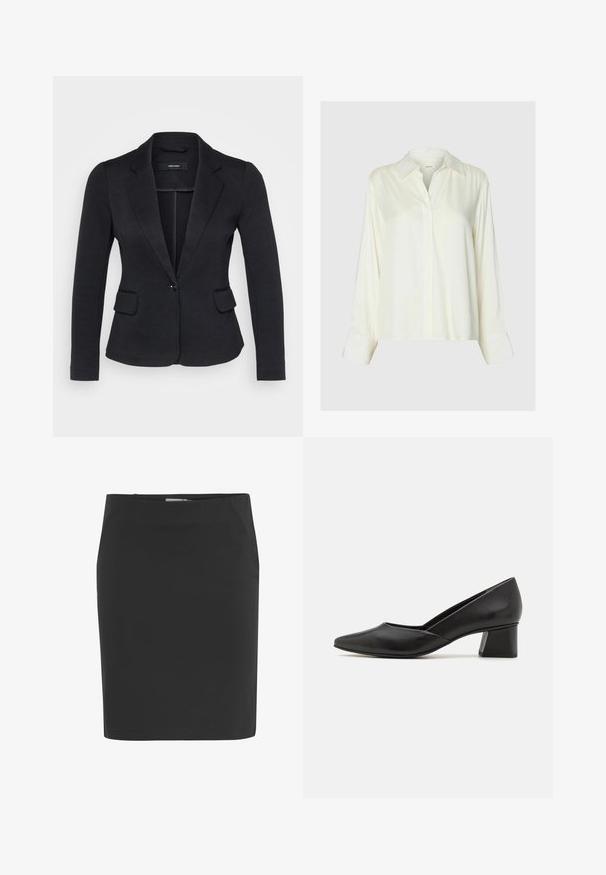 Blazer negro con un ajuste entallado, dos bolsillos frontales, cierre de un solo botón y solapas con muesca, hecho de una tela texturada.; Blusa blanca de satén de manga larga con cuello clásico y botones delanteros ocultos, mostrada sobre un fondo liso gris claro.; Falda lápiz negra hasta la rodilla con corte recto y cierre lateral con cremallera.; Zapatos de charol negros con punta afilada y tacón bajo en bloque, con una textura suave y un diseño simple y elegante.