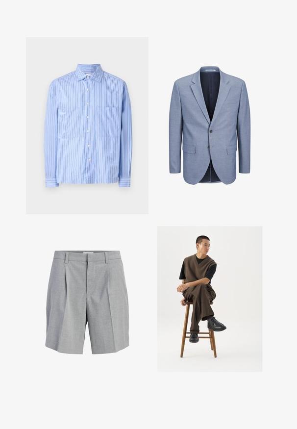 Lichtblauwe blazer van textuurstof, met een enkelvoudige knoopsluiting, met een notch revers, twee voorkruiden en een marineblauwe voering.; Lichtblauw gestreept shirt met lange mouwen, twee voorkruiden, knoopsluiting, en contrasterende dunne strepen. Gemaakt van een katoenmix.; Lichtgrijze, op maat gemaakte shorts met ceintuurlussen en plooien aan de voorkant, weergegeven tegen een witte achtergrond.; Bruin gebreid vest over een zwart t-shirt, gecombineerd met bruine wijde broek en zwarte chunky schoenen, zittend op een houten kruk.