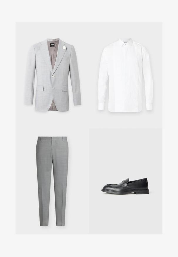 Blazer homme gris clair avec deux boutons devant, revers crantés, poches à rabat et une petite épingle fleur blanche sur le revers gauche.; Chemise blanche à manches longues avec col classique, présentant un panneau avant plissé et des côtés lisses, fabriquée en tissu de coton. Fini subtilement brillant.; Pantalon de costume gris clair sur mesure avec passants de ceinture, devant plat et coupe droite sur fond blanc.; Mocassins en cuir noir avec une finition texturée, dotés d'une bride décorative à l'avant et d'un bout arrondi. Semelle en caoutchouc pour plus de durabilité.