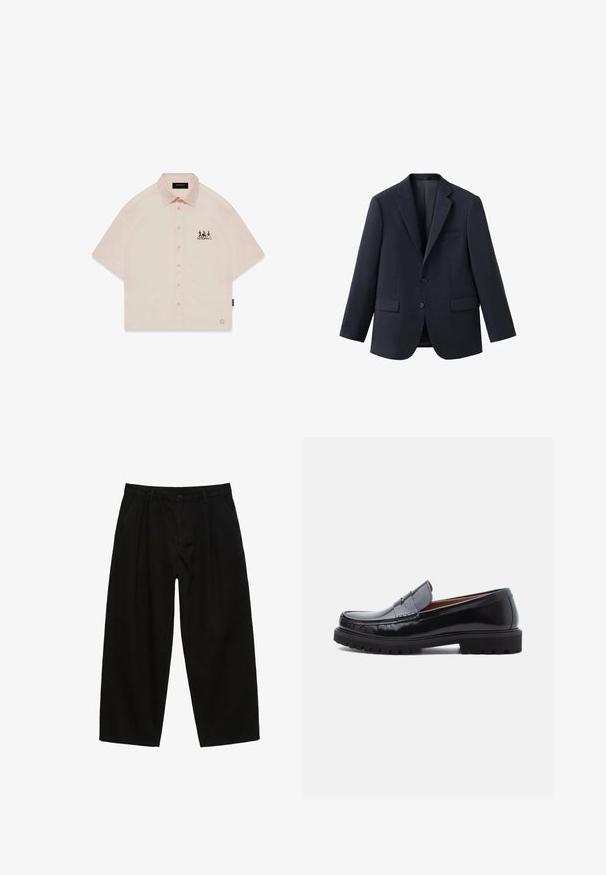 Blazer bleu marine en tissu lisse, doté d’une fermeture à deux boutons, de revers crantés, de deux poches avant et d’une poche poitrine.; Chemise à manches courtes en pêche avec col pointu, fermeture à boutons sur le devant et un motif graphique noir sur le côté gauche de la poitrine.; Pantalon noir à jambes larges avec bouton sur le devant, passants pour ceinture, poches latérales et coupe décontractée.; Mocassin penny en cuir noir avec semelle en caoutchouc épaisse et couture moc toe, montré de profil sur un fond blanc.
