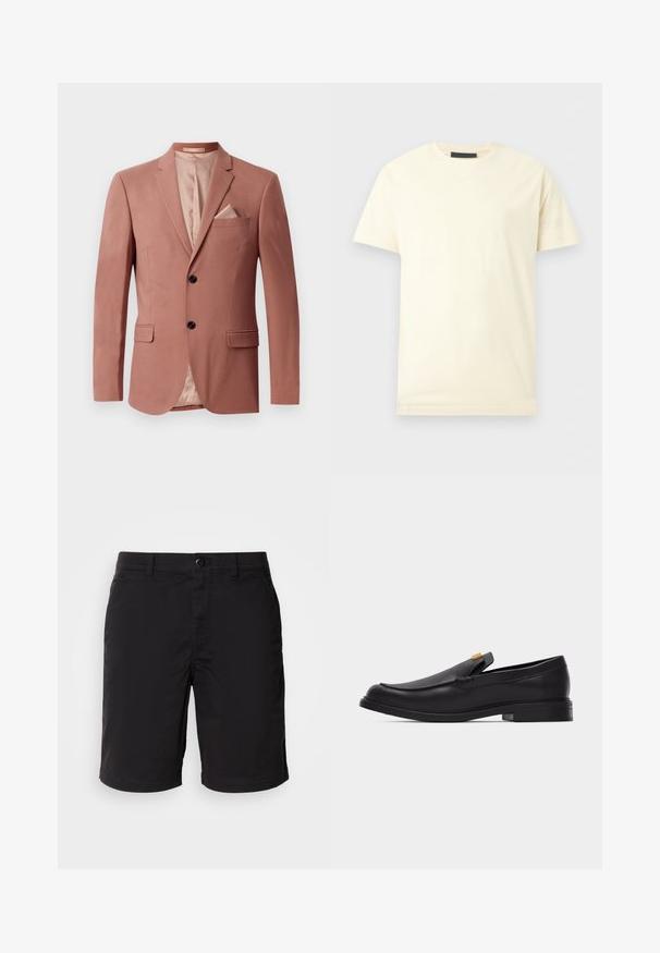 Bordeaux blazer med to foran lommer, enkel knaplukning, spidse klapkraver og satinforing. Inkluderer et matchende lommetørklæde.; Enkelt t-shirt med korte ærmer og rund hals i off-white, vist fladt på en lysegrå baggrund.; Sorte shorts lavet af letvægtsstof, med knaplukning, standard talje og lige snit. Ingen mønstre eller synlige detaljer.; Sort læder slip-on loafer med rundet tå, lav hæl og guldaccent på overdelen mod ensfarvet hvid baggrund.