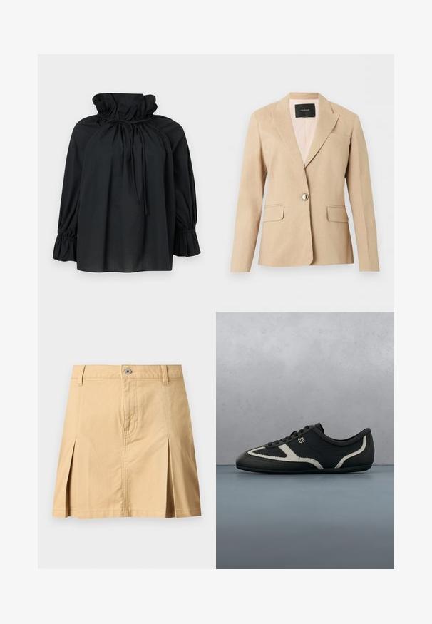 Blazer beige à un bouton avec revers crantés, poches à rabat avant et étiquette intérieure noire sur fond blanc uni.; Blouse noire à manches longues avec col montant à volants froncés, lien coulissant au cou et poignets à volants élastiqués.; Jupe beige longueur genou avec passants de ceinture, fermeture à boutons sur le devant, deux plis avant et coutures visibles sur fond uni.; Baskets noires avec tige en cuir texturé, accents gris contrastants, bout rond et semelle plate. Dotées de lacets et d'un logo de marque sur le côté.