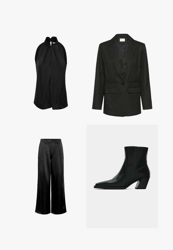Sort blazer med revers, enkeltknaplukning, to forlommer, skræddersyet design og glat tekstur. Foeret indre i matchende sort.; Sort ærmeløs top med halterneck og knudedetalje, blødt stof og en draperet design, der flyder løst fra skuldrene.; Sorte satinbukser med vide ben og en glat tekstur, der har en struktureret taljebånd og forreste plisseringer for ekstra detalje.; Sortlæder ankelstøvle med spids tå, en slank silhuet og en kraftig firkantet hæl. Glat tekstur med minimale stikninger.