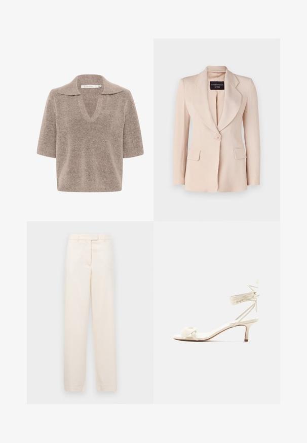 Blazer de color rosa claro con un corte entallado, solapas de muesca, cierre de un solo botón y dos bolsillos frontales parche. Fabricado en tela acanalada.; Suéter beige de manga corta con escote en V, hecho de un material de punto suave, con un diseño de cuello y un corte relajado.; Pantalones beige con un diseño de pierna recta, hechos de una tela suave. Cuentan con una cintura con pasadores para cinturón y un cierre de cremallera en la parte frontal.; Sandalia de tacón bajo color crema con lazos alrededor del tobillo y una amplia tira retorcida sobre los dedos, sobre un fondo blanco liso.