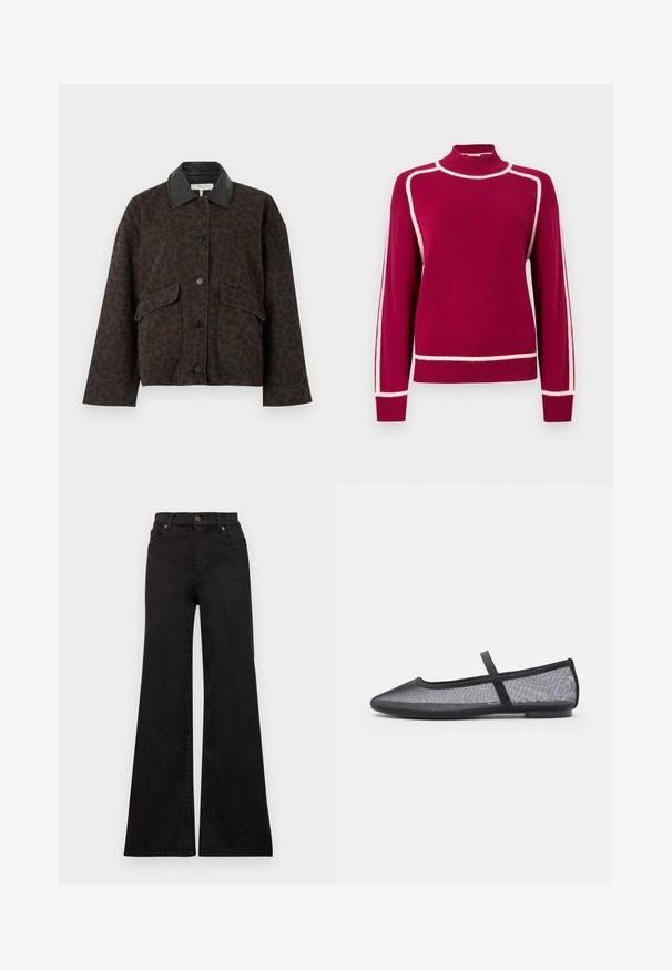 Brun leopardmønstret jakke med sort læderkrave, store forlommer og knaplukning. Blødt stof med en tekstureret finish.; Fuchsia strikket sweater med høj krave, der har kontrasterende hvide accentlinjer langs skuldre og ærmer. Blød tekstur og afslappet pasform.; Sorte flared jeans lavet af denim med høj talje, med forlommer og metaldele på knappen og nitterne.; Sorte mesh ballet flats med spids tå, der har en tynd rem over vristen og en flad gummisål. Let og åndbar design.