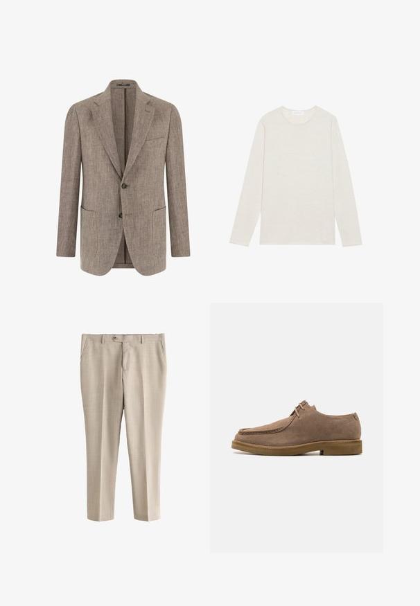 Lysebrun tekstureret herreblazer med to knapper, hakket revers, brystlomme og to nederste påsatte lommer, vist forfra.; Creme langærmet t-shirt lavet af blødt strikket stof. Har en rund halsudskæring og en afslappet pasform uden synlige mønstre eller accenter.; Beige herrebukser med bæltestropper, knaplukning, sidelommer og et lige snit.; Zign by Zalando LEATHER - Sporty snøresko - taupe