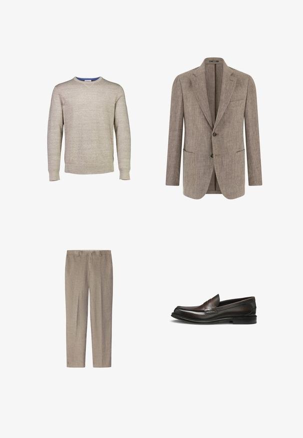 Blazer texturizado marrón claro para hombre con dos botones, solapas con muesca, bolsillo en el pecho y dos bolsillos inferiores tipo parche, mostrado de frente.; Suéter beige claro hecho de tela de punto texturizada. Presenta un cuello redondo con un acento azul en el interior del cuello. Mangas largas.; Pantalones de lino color marrón claro con un diseño de pierna recta, que presentan un frente plano, trabillas para el cinturón y sin patrones ni acentos visibles.; Mocasín de hombre de cuero pulido marrón oscuro con tacón bajo y una correa decorativa en la parte superior, visto de lado.