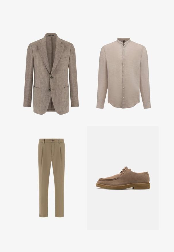 Herrensakko in hellbraun mit strukturierter Oberfläche, zwei Knöpfen, Kerbkragen, Brusttasche und zwei aufgesetzten Taschen unten, von vorne dargestellt.; Beige Hemd mit Knopfleiste und Mandarin-Kragen, langen Ärmeln und einem weichen, strukturierten Leinenstoff. Fünf Knöpfe entlang der Vorderseite. Abgerundetem Saum.; Beige maßgeschneiderte Hose mit Gürtelschlaufen, vorderem Knopfverschluss, Reißverschluss und Seitentaschen, präsentiert vor einem weißen Hintergrund.; Zign LEATHER - Sportlicher Schnürer - taupe