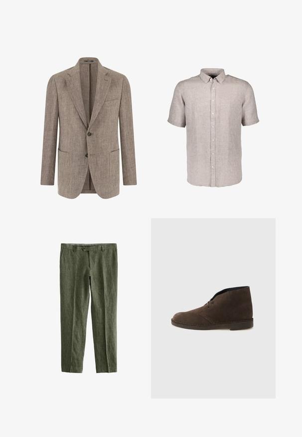 Lysebrun tekstureret herreblazer med to knapper, hakket revers, brystlomme og to nederste påsatte lommer, vist forfra.; Kortærmet, lysebeige knap-op skjorte lavet af linned. Har en klassisk krave og fem hvide knapper foran.; Next SIGNATURE - REGULAR FIT - Bukser - olive green; Brun ruskindsankelstøvle med to huller, lav hæl og syet sål på en ensartet lysegrå baggrund.