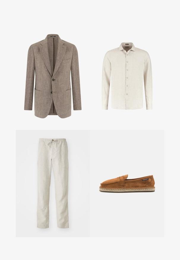 Veste pour hommes marron clair texturée avec deux boutons, revers à crans, poche poitrine et deux poches plaquées inférieures, présentée de face.; Chemise beige à manches longues avec boutons, col pointu et tissu texturé, présentée sur un fond blanc uni.; Pantalons en lin beige clair avec une coupe droite, une taille élastique, un cordon de serrage ajustable et sans motifs ni accessoires visibles.; Chaussure slip-on en suede marron avec un bout arrondi, présentant une semelle en jute tissée et une petite sangle d'accent à l'avant.