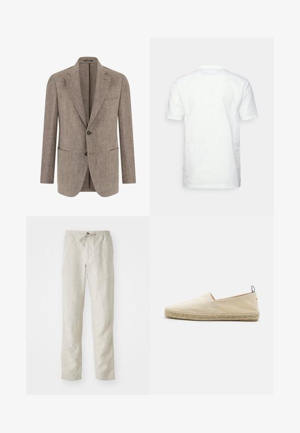 Lysebrun tekstureret herreblazer med to knapper, hakket revers, brystlomme og to nederste påsatte lommer, vist forfra.; Kortærmet hvid skjorte lavet af linned med flad krave, synlige sømme og lige snit, vist fra ryggen.; Lys beige linnedragt med lige ben, elastisk talje, justerbar snor og ingen synlige mønstre eller metaldele.; Beige canvas espadrille med rund tå, flettet jutesål og en lille rød og blå accent på hælen. Letvægtig uden lukning.