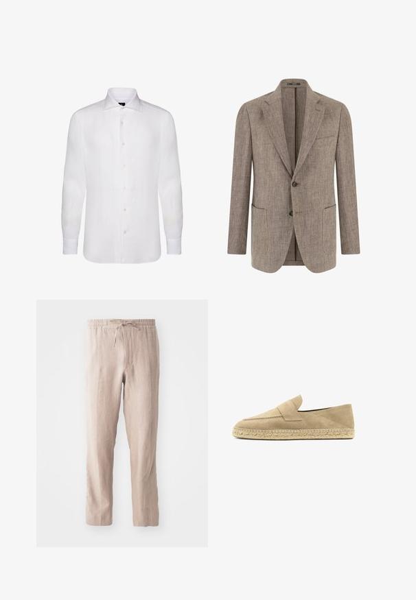 Lysebrun tekstureret herreblazer med to knapper, hakket revers, brystlomme og to nederste påsatte lommer, vist forfra.; Hvid langærmet skjorte i let materiale med klassisk krave, subtil tekstur og seks knapper foran.; Beige linnedbukser med elastisk talje og snor. Lige ben design med en blød tekstur og minimalistisk stil.; Beige mokkasiner i ruskind med espadrille, med flettet jutesål og en syningsdetalje med rem over overdelen.