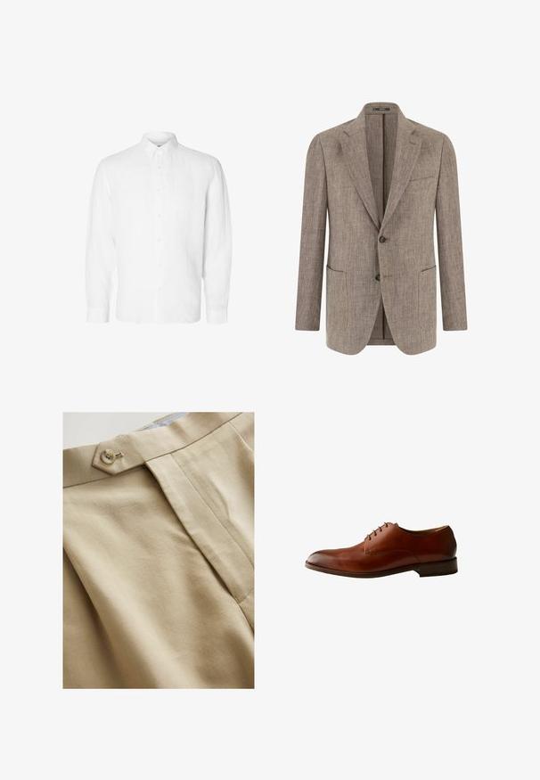 Blazer texturizado marrón claro para hombre con dos botones, solapas con muesca, bolsillo en el pecho y dos bolsillos inferiores tipo parche, mostrado de frente.; Camisa blanca de manga larga hecha de lino, con cuello abotonado, botones en el frente y un ajuste relajado con puños rectos.; Pantalones beige con una cinturilla estructurada, cierre de un solo botón y pliegues frontales. La tela tiene una textura lisa y un sutil patrón diagonal.; Zapato de vestir masculino de cuero marrón con cordones cerrados, tacón bajo y acabado liso, mostrado de lado sobre un fondo blanco.