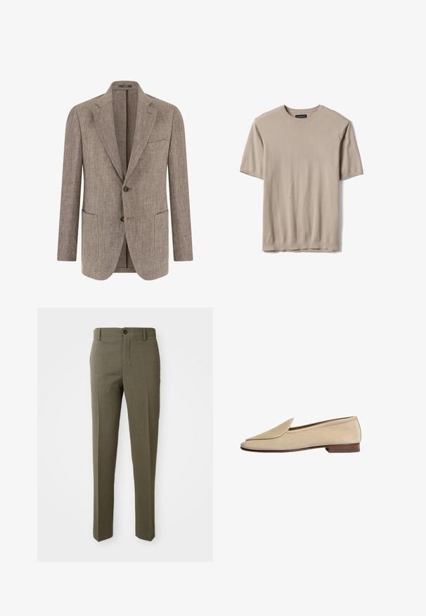 Blazer texturizado marrón claro para hombre con dos botones, solapas con muesca, bolsillo en el pecho y dos bolsillos inferiores tipo parche, mostrado de frente.; Camiseta de punto de color beige con mangas cortas, cuello redondo, y ribete acanalado en el cuello, puños y dobladillo, colocada plana sobre un fondo blanco.; Pantalones ajustados color verde oliva con una textura suave, diseño de pierna recta, un botón frontal y bolsillos laterales para mayor funcionalidad.; Mocasín de ante beige con punta puntiaguda, detalles de costura sutiles y un tacón bajo marrón. Textura suave y diseño aerodinámico.