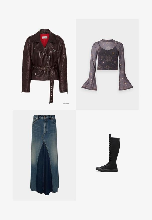 Donkere bruine leren bikerjack met borduurwerk op de mouwen, ritssluiting aan de voorkant en zakken, riem met metalen oogjes, en een rood doorgestikt voering.; Doorschijnende zwarte cropped top met lange mouwen en uitlopende manchetten, versierd met een patroon van zonn, maan en sterren, met een binnenste camisolelaag.; Blauwe denim maxi-rok met een voor-invertpleat, riemlussen, knoop- en ritssluiting, en vervaagde wasdetails.; Zwart hoge canvas boots met een afgeronde neus, ritssluiting en veters aan de voorkant. Kenmerkt zich door een gestructureerd oppervlak en rubberen zool.