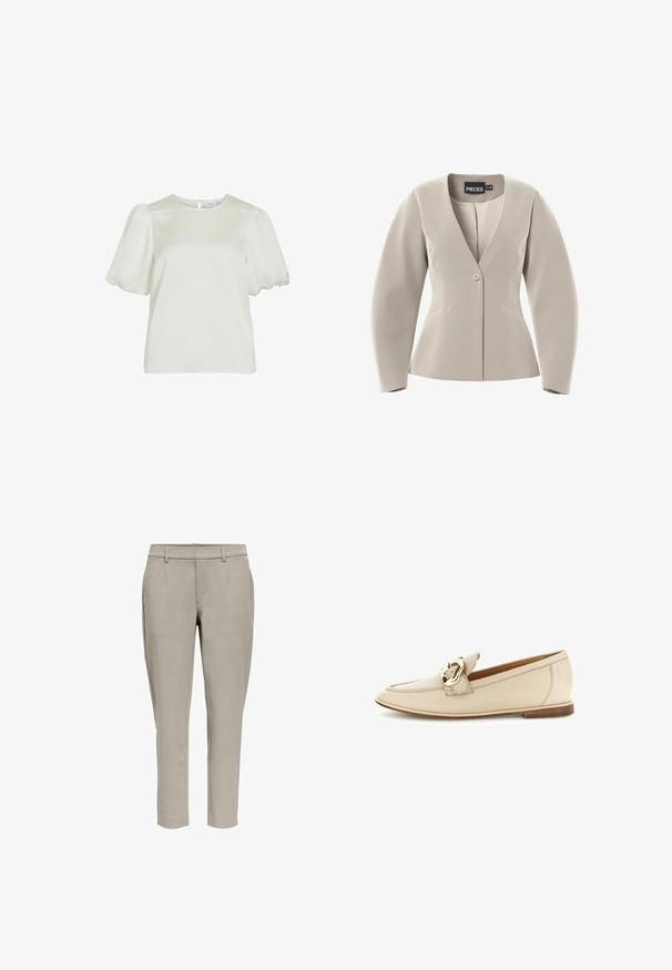 Blazer beige a medida con escote en V, cierre de un solo botón, mangas largas y dos bolsillos con abertura, etiquetado como "PIECES" en el interior del cuello.; Blusa blanca de manga corta con cuello redondo y mangas abullonadas, que presenta un cierre de botones en la parte posterior.; Pantalones ajustados de color gris claro con trabillas para cinturón, bolsillos laterales y corte recto, sobre un fondo blanco.; Mocasín de cuero beige con tacón bajo y detalle de hebilla dorada en la parte superior, presentado sobre un fondo blanco.