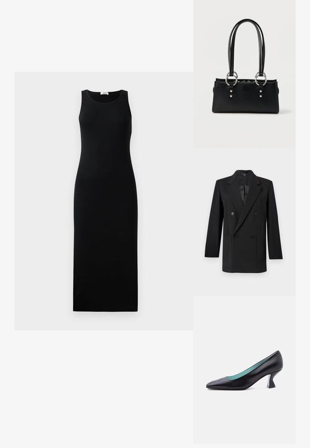 Zwarte dubbelgeknoopte blazer met puntige revers, twee grote voorzakken en knoopsluitingen. Glad stof met een getailleerde pasvorm.; Mouwloze zwarte maxi-jurk met ronde halslijn en aansluitende silhouet, weergegeven op een effen lichte achtergrond.; Zwart leren pumps met een spitse neus, een lage, uniek gevormde blokhak en een lichtblauwe binnenvoering, afgebeeld tegen een effen witte achtergrond.; Zwarte rechthoekige handtas met dubbele handvatten, zilveren ringbeslag en een subtiel reliëflogo aan de voorkant tegen een witte achtergrond.