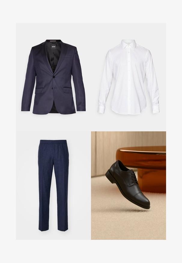 Blazer ajusté bleu marine avec un bouton unique, deux poches avant et une texture lisse. L'intérieur présente une doublure noire à motif et un branding.; Chemise blanche à manches longues et à col classique, en tissu lisse, avec une patte de boutonnage à l'avant comportant de légers boutons arrondis.; Pantalons en lin bleu marine avec une taille élastique, coupe droite et sans motifs ni détails en métal visibles. Texture lisse.; Chaussure oxford formelle en cuir noir avec lacets, flottant au-dessus d’un tapis beige, avec une table ronde marron en arrière-plan.