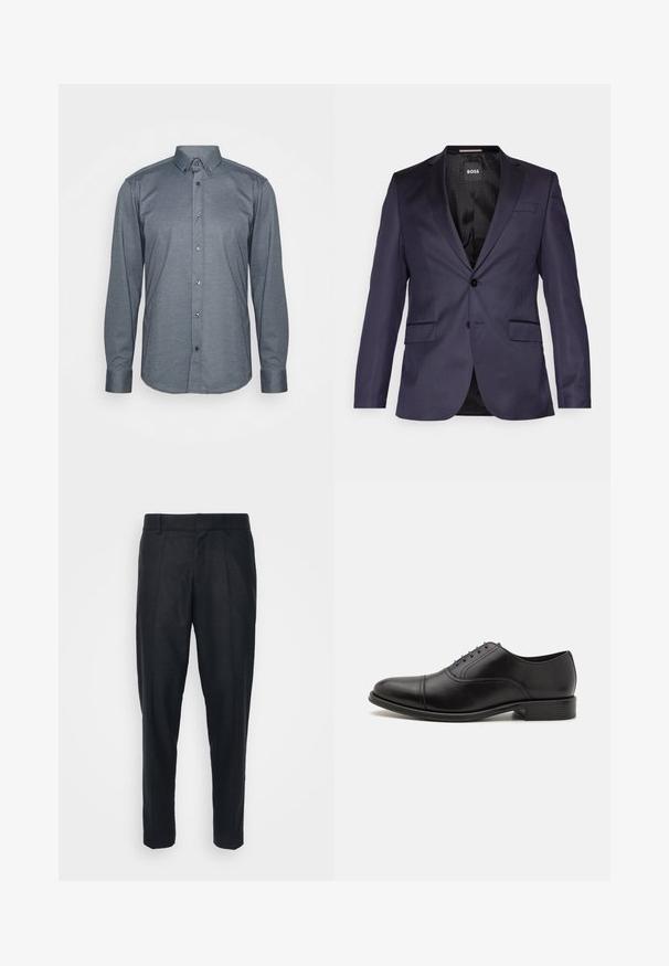 Marineblå skræddersyet blazer med en enkelt knap, to frontlommer og en glat overflade. Indersiden har et mønstret sort for og branding.; Langærmet skjorte i mørkegrå stof, med krave, frontknapper og manchetter. Glat tekstur med en tætsiddende pasform.; BOSS P-GENIUS-CW-234 - Bukser - dark blue; Sort lædersko med rund tå, glat overflade og subtil syning. Har blå snørebånd og en lav stakheel.