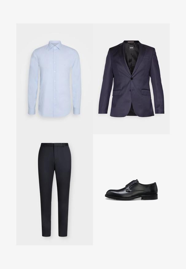 Marineblauwe op maat gemaakte blazer met een enkele knoop, twee voorzakken en een gladde textuur. De binnenzijde heeft een gemusterde zwarte voering en branding.; Lichtblauw langslowel shirt van soepel katoen, met een klassieke kraag, knoopsluiting en subtiele branding op de borst.; Zwarte, op maat gemaakte slim-fit broek met riemlussen en verborgen voorzijde sluiting, weergegeven tegen een witte achtergrond.; Zwarte gepolijste leren herenschoen met gesloten vetersluiting, lage hak en subtiel merkteken nabij de hiel op een witte achtergrond.