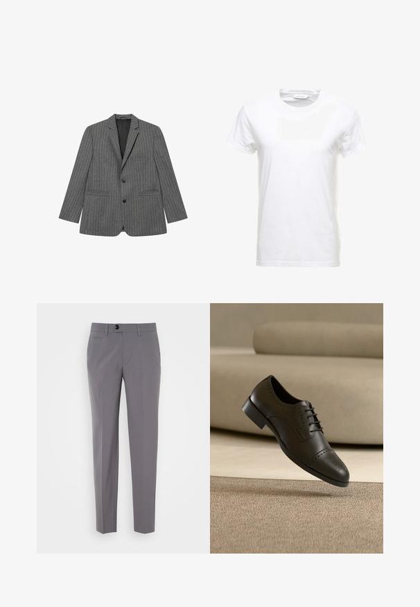 Grijze blazermantel met een enkelgebreid ontwerp, met notch-lapels, twee voorzakken en een zwarte binnenvoering.; Witte katoenen T-shirt met korte mouwen, ronde halsontwerp en een gladde textuur. Label zichtbaar bij de halslijn. Eenvoudige en klassieke stijl.; Grijze op maat gemaakte broeken met een gladde textuur, rechte pijpen, sluiting met één knop en voorzakken. Geen zichtbare patronen of accenten.; Zwarte leren herenschoen met brogue-details, zwevend boven een beige tapijt en een beige bank op de achtergrond.