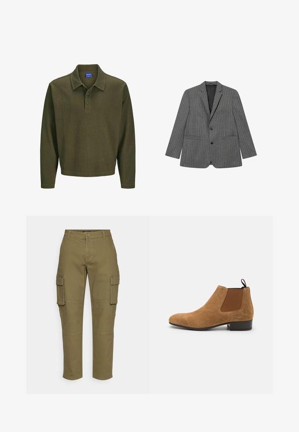 Grijze blazermantel met een enkelgebreid ontwerp, met notch-lapels, twee voorzakken en een zwarte binnenvoering.; Olijfgroen polo shirt met lange mouwen, gemaakt van gestructureerde stof. Heeft een kraag, een drieknoopsluiting en een ontspannen pasvorm.; Olijfgroene cargobroek met een rechte pijpdesign, voorzien van zijzakken, een knoopsluiting en zichtbare stikseldetails. Gemaakt van duurzaam materiaal.; Bruine suède Chelsea-boot met elastische zijkanten, ronde neus en een lage gestapelde hak. Voorzien van een trekband voor gemakkelijke aan- en uittrekken.