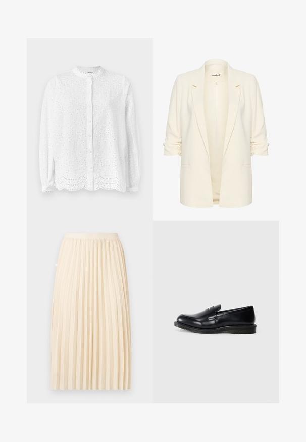 Crèmekleurig damesblazer met gerimpelde mouwen, open voorkant, gebeeldhouwde revers en twee voorzakken, met label "soaked."; Witte blouse met een ronde halslijn, lange mouwen en knoopsluiting; heeft geborduurde uitsnijdingen en een gegolfde zoom.; Roomkleurige geplooide midi-rok met een aansluitende tailleband, recht hangend tegen een effen achtergrond.; Zwarte leren instapper met een gladde afwerking, ronde neus en gestikte details op de voorkant, met een gestructureerde rubberen zool voor grip.
