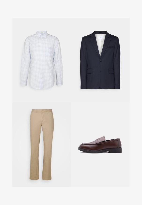 Blazer marino hecho de tejido texturizado, con un cierre de un solo botón, dos bolsillos delanteros y un diseño de solapa muesca.; Camisa de cuadros azul claro con botones y mangas largas, cuello y pequeño logo en el pecho. Hecha de algodón y con una textura suave.; Pantalones rectos beige de tela de algodón con parte delantera plana y trabillas para cinturón. Presenta un cierre de botón único y puños rematados.; Mocasín de cuero marrón con suela negra y detalles cosidos, mostrado de perfil sobre fondo blanco.