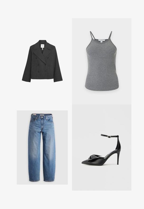 Mørkegrå uldblandet, dobbeltknappet jakke med bred klap, to forlommer og store sorte knapper. Kort design med lange ærmer.; Grå ribstrikket camisole med tynde dobbelte skulderstropper og rund halsudskæring, vist mod en ensfarvet lys baggrund.; Lysblå lige ben jeans lavet af denim. Har et klassisk fem-lomme design og subtile falmede områder langs benene.; Sort højhælet sko med spids tå, satin sløjfe og justerbar ankelrem med sølv hardware. Glat lædertekstur.
