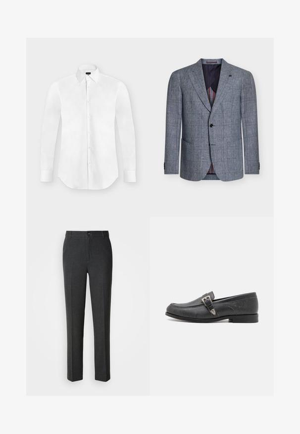 Blazer gris de un solo botón con patrón de cuadros negros, solapas con muesca, dos bolsillos delanteros, un botón negro y forro interior con rayas rojas.; Camisa blanca de vestir de manga larga con botones y cuello puntiagudo, colocada perfectamente plana sobre un fondo gris claro.; Pantalones oscuros a medida en una tela suave, con cierre de botón, dos bolsillos frontales y un diseño de pierna recta.; The Kooples CHAUSSURES - Zapatos sin cordones - black