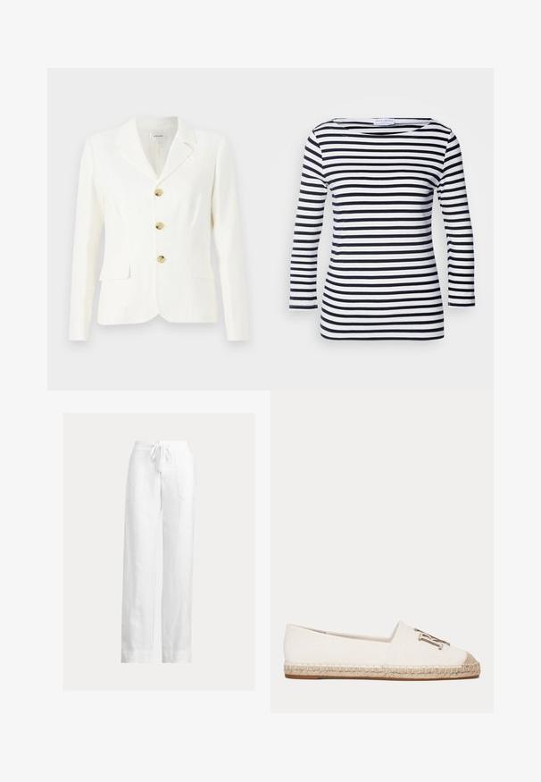 FRAME SMART BLAZER - Blazer - white; Marineblå og hvide stribede langærmede top med en bred halsudskæring og blødt, strækbart stof. Har jævne vandrette striber hele vejen igennem.; Hvide linnedbukser med snøre i taljen, vid pasform og to sidelommer. Glat tekstur med et let og luftigt udseende.; Hvid lærreds espadrille sko med flettet jutebund og metallisk dekorativt emblem foran.