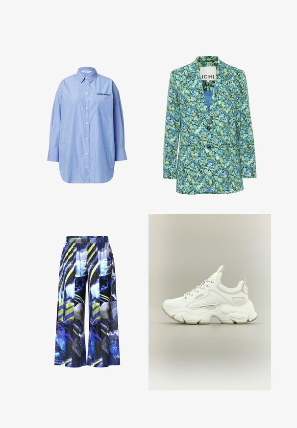 Blazer mit floralem Muster aus leichtem Stoff, der eine Mischung aus grünen und blauen Blumen auf dunklem Hintergrund zeigt, mit zwei Knöpfen und aufgesetzten Taschen.; Gestreifte blaue Button-up-Bluse mit einer Tasche, die den Text "STUDIO UNTOLD" zeigt, klassischem Kragen und langen Ärmeln.; Hose mit weitem Bein in einem lebhaften Blau, Schwarz und weißem abstraktem Muster, mit grünen und schwarzen gestreiften Akzenten und einem elastischen Bund.; Weißer klobiger Sneaker mit dicker, strukturierter Sohle, Mesh- und Lederobermaterial, Schnürverschluss und Zuglaschen an Zunge und Ferse.