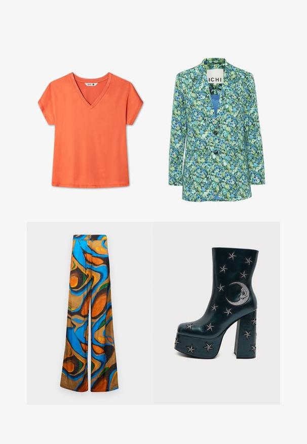 Blazer fleuri en tissu léger, présentant un mélange de fleurs vertes et bleues sur un fond sombre, deux boutons et des poches à rabat.; T-shirt orange à manches courtes avec col en V, étiquette taille moyenne, design uni et ourlet cousu.; Pantalons à jambe large avec un motif abstrait multicolore comprenant des teintes de bleu, d'orange et de marron. Fabriqués en tissu léger avec une texture lisse.; Botte noire à plateforme avec talon bloc, décorée d'étoiles brodées argentées et d'un croissant de lune sur le côté.