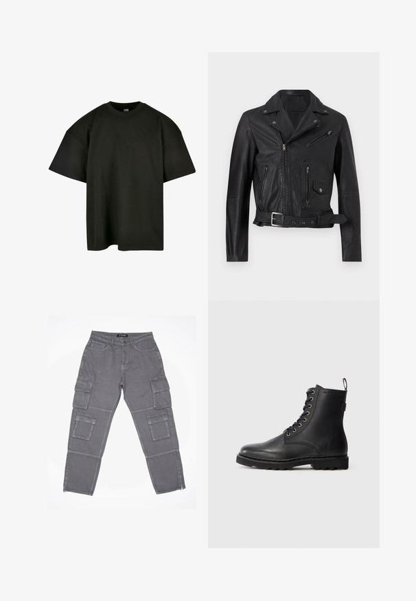 Chaqueta de motorista de cuero negro con cremallera asimétrica, tres bolsillos con cremallera, botones a presión en el cuello y cintura con cinturón.; Camiseta negra de corte oversized en suave algodón. Presenta un cuello redondo y mangas cortas, con una textura suave y un diseño minimalista.; Pantalones cargo grises con una tela ligeramente texturizada, que cuentan con múltiples bolsillos laterales, un dobladillo con cremallera y un cierre de botón en la cintura.; Botín de cuero negro con punta redonda, diseño con cordones y ojales de metal. Cuenta con una suela texturizada y una lengüeta en el talón para facilitar su uso.