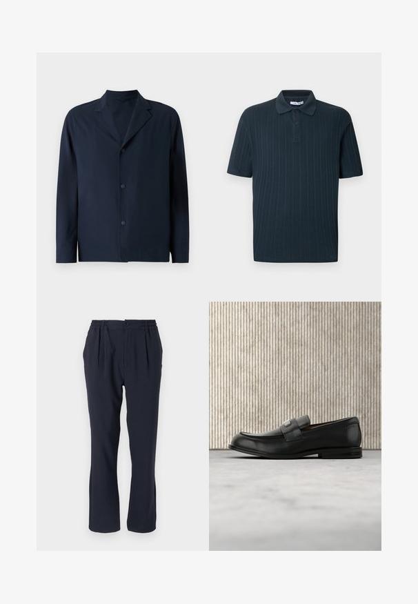 Mørkeblå jakkesæt lavet af glat stof med en klapkrave, lange ærmer og fem knapper fortil til lukning.; Mørkeblå kortærmet poloshirt med ribbet tekstur, der har en krave og slidse med tre knapper.; Marineblå bukser lavet af blødt stof med elastisk talje, med folder foran og lige bukseben.; Sort læderloafer med metalbrandskilt hvilende nær et brunt rundt bord på beige tæppe.