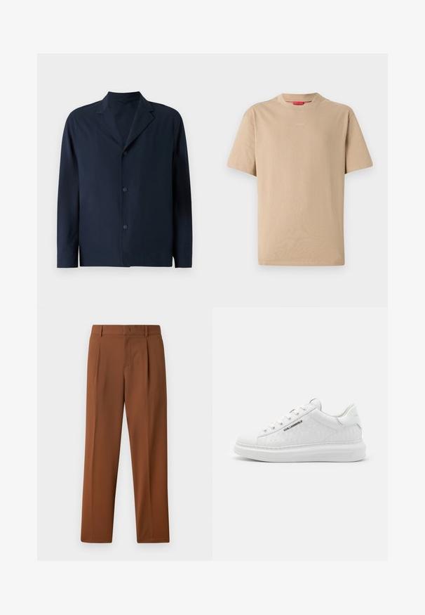 Mørkeblå jakkesæt lavet af glat stof med en klapkrave, lange ærmer og fem knapper fortil til lukning.; Beige bomulds T-shirt med korte ærmer, rund halsudskæring og subtilt "HUGO" logo i midten. Glat overflade, afslappet pasform.; Brune bukser med en glat, mat tekstur, der har en folder foran og lige ben. Lavet af letvægts, åndbart stof.; Hvide sneakers lavet af glat læder med prægede mønstre. Har rund tå, snørebånd foran og struktureret sål. Sølvlogo detalje på siden.