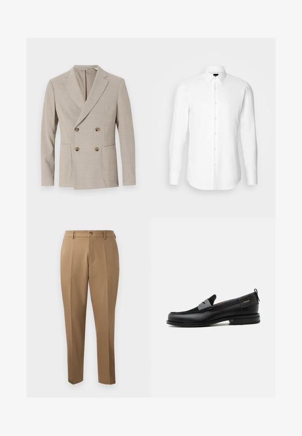 Beige einreihiger Blazer mit strukturiertem Streifenmuster, Reverskragen und zwei vorderen Taschen. Ausgestattet mit runden Messingknöpfen.; Weißes Langarmhemd, vorne mit Knöpfen, klassischer Kragen, aus glattem Stoff mit feiner Textur, für eine figurnahe Passform entworfen.; Braune maßgeschneiderte Hosen mit geradem Schnitt, seitlichen Falten, Gürtelschlaufen und einem vorderen Knopfverschluss. Glattes Gewebe mit matter Textur.; Schwarzer Lederloafer mit grauem Riemendetail, niedrigem Absatz und strukturierter Sohle, seitlich mit „HUGO“ in Gold gebrandmarkt.