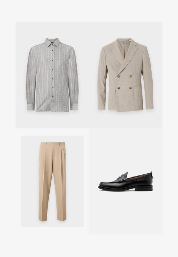 Blazer beige de doble botonadura con un patrón de rayas texturadas, solapas acentuadas y dos bolsillos frontales. Presenta botones redondos de latón.; Camisa de manga larga para hombre en gris claro, con un patrón de cuadrícula y acentos oscuros, tapeta de botones y un collar clásico. Textura textil suave.; Pantalones beige a medida con pinzas delanteras, trabillas para el cinturón y perneras rectas, mostrados sobre un fondo claro y liso.; Mocasín de hombre de piel negra con costura moc toe, tira penny, cuello texturizado y tacón bajo apilado sobre fondo blanco.