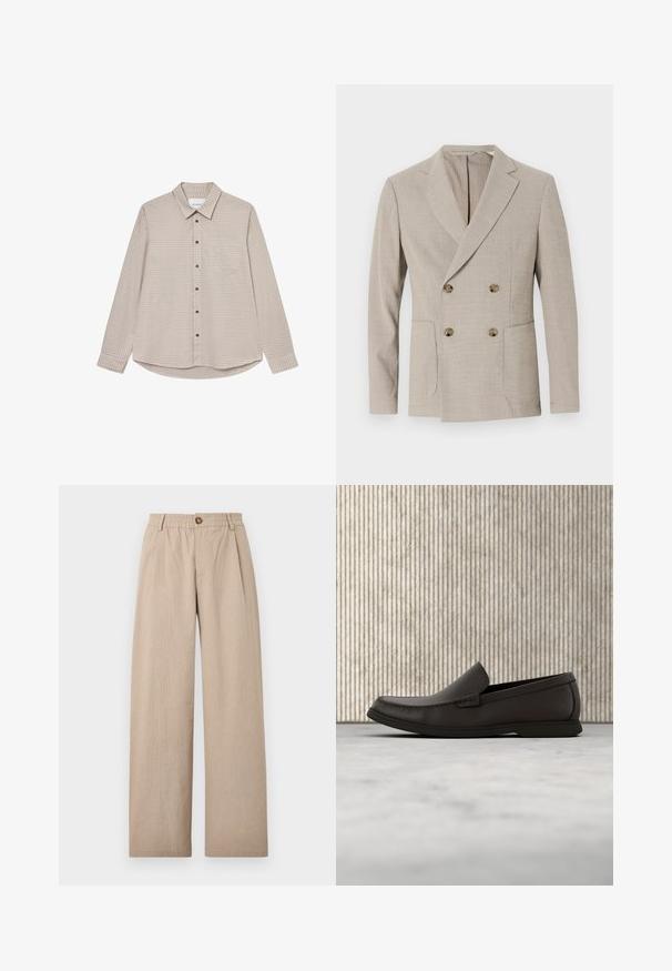Beige einreihiger Blazer mit strukturiertem Streifenmuster, Reverskragen und zwei vorderen Taschen. Ausgestattet mit runden Messingknöpfen.; Braun- und beige kariertes Langarmhemd mit Button-Down-Kragen, Brusttasche und braunen Knöpfen, mit abgerundetem Saum.; Beige weit geschnittene Hosen mit strukturiertem Finish, versehen mit Falten und einem elastischen Bund, der vorne mit einem bronzefarbenen Knopf gesichert ist.; Dunkelbraune Lederloafer mit einer runden Zehenpartie, dezenten Nähdetails und einer niedrigen Gummisohle. Glatte Textur mit flexibler Passform.