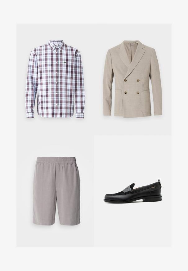 Beige dubbelzijdig blazer met een gestructureerd streep patroon, notch revers en twee voorkeurszakken. Bevat ronde messing knopen.; Lange mouwen overhemd met knopen, voorzien van een rood, blauw en wit ruitpatroon, gemaakt van lichtgewicht stof, met een klein groen logo op de borst.; Calvin Klein PULL ON - Shorts - steeple gray; Zwarte leren loafer met grijs riemdetailelement, lage hak en gestructureerde zool, aan de zijkant gebrandmerkt met "HUGO" in goud.