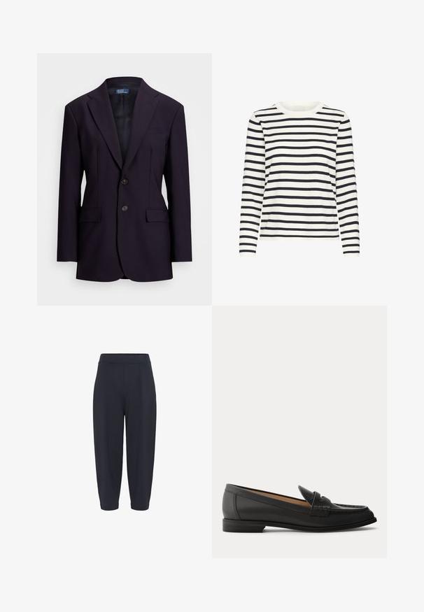Mørkeblå blazer lavet af tekstureret stof, med enkeltknappet design, slagkraver, to forlommer og to knaplukninger.; Langærmet stribet sweater i hvid og marineblå med rund halsudskæring og ribstrikkede manchetter, lavet af blødt, glat stof.; Marineblå slanke bukser med elastisk talje, der har midterfold, en glat overflade og en ankellang længde.; Sort dames loafer i læder med lav hæl, rundet tå og syninger på overdelen, vist fra siden på en ensfarvet baggrund.
