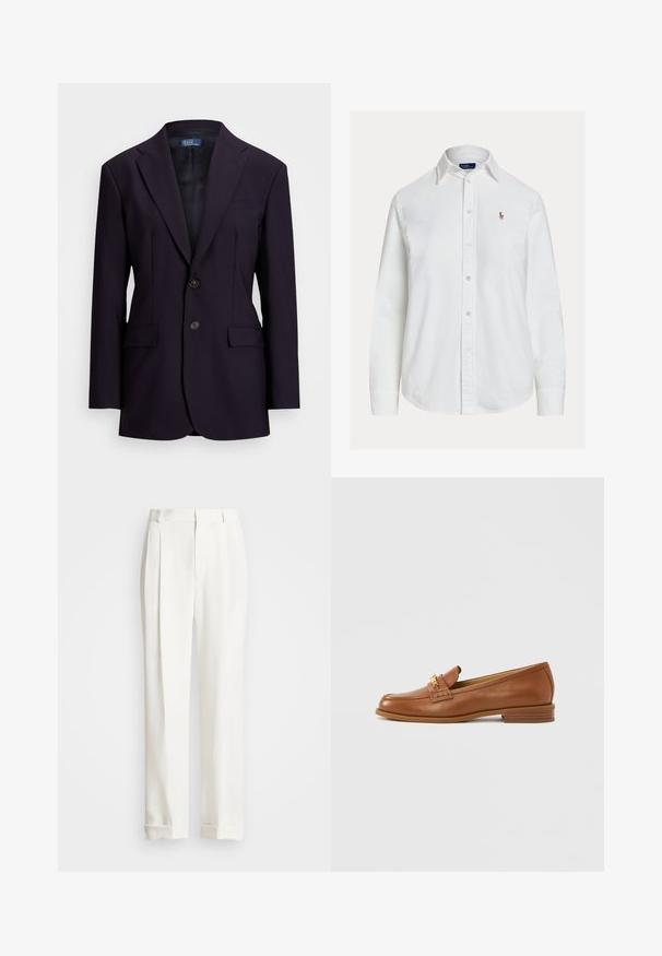 Donkerblauwe blazer gemaakt van textuurstof, met een enkelvoudige sluiting, notched revers, twee vo Taschen en een sluiting met twee knopen.; Wit overhemd met lange mouwen, knoopsluiting en kraag en een klein geborduurd logo op de linkerborst, weergegeven op een effen achtergrond.; Witte op maat gemaakte broek met twee voorplooien, rechte snit en omgeslagen zoom. Gemaakt van een gladde stof, met een klassiek ontwerp.; Bruine leren loafer met een afgeronde neus, decoratief riempje en klein hakje. Gladde textuur, subtiele stiknaden en gouden accenten.