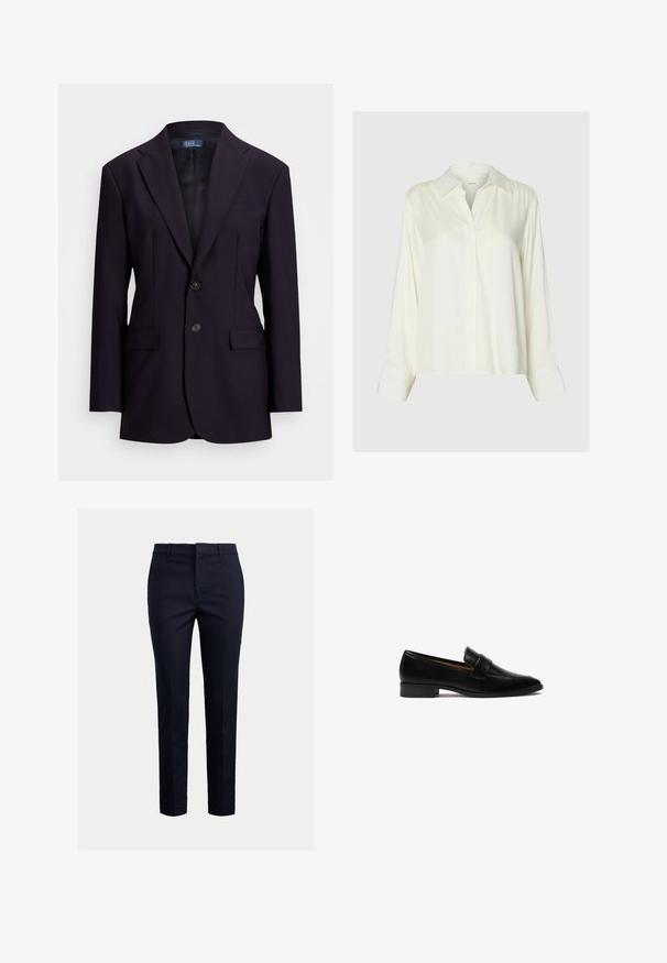 Mørkeblå blazer lavet af tekstureret stof, med enkeltknappet design, slagkraver, to forlommer og to knaplukninger.; Langærmet hvid satinbluse med klassisk krave og skjult knaplukning foran, vist på en ensfarvet lysegrå baggrund.; Marineblå skræddersyede bukser med en tætsiddende pasform, der har en flad front, sidelommer og en glat tekstur. Ensfarvet design uden synlige mønstre.; Sorte læder loafers med flad hæl, der har en rektangulær rem over vampen og en glat, poleret overflade.