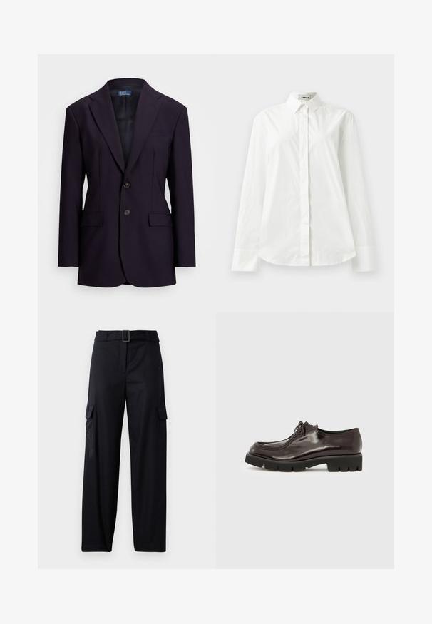 Mørkeblå blazer lavet af tekstureret stof, med enkeltknappet design, slagkraver, to forlommer og to knaplukninger.; Hvid bomulds langærmet skjorte med spidse krave, knaplukning foran og rundet kant. Glat tekstur, normal pasform og ingen mønstre.; Sorte cargo-bukser med lige ben-design, der har to sidelommer og et bælte med en rektangulær spænde. Glat stofstruktur.; Blank mørkebrun lædersko med rundet tå, dekorative syninger og en kraftig sort sål med dybe riller for godt greb.
