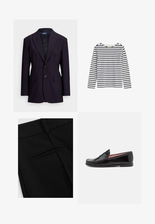 Mørkeblå blazer lavet af tekstureret stof, med enkeltknappet design, slagkraver, to forlommer og to knaplukninger.; Langærmet hvid skjorte med horisontale marineblå striber og rund halsudskæring, lagt fladt på en hvid baggrund.; Sorte bukser lavet af glat stof, med et fladt design foran og en enkelt baglomme med en slidsåbning.; Sorte laklæder loafer-sko med rund tå, dekorativ syning på overdelen og en lav, flad gummisål.