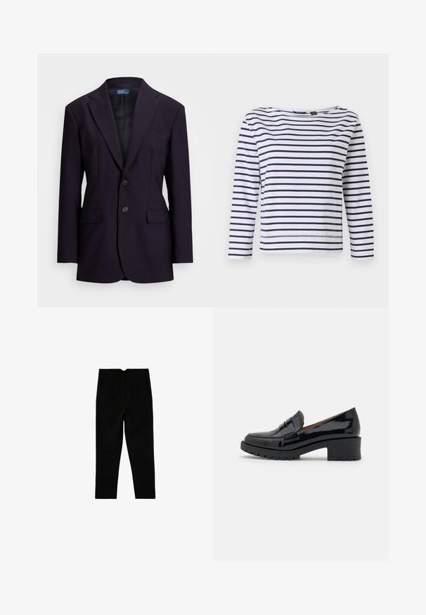 Mørkeblå blazer lavet af tekstureret stof, med enkeltknappet design, slagkraver, to forlommer og to knaplukninger.; Stribet langærmet top i hvid og marineblå, med en bådudskæring og en afslappet pasform. Lavet af blødt bomuldsstof med syede kanter.; Sorte skræddersyede ankelkorte bukser med sidelommer og let tilspidset ben, vist fladt på en hvid baggrund.; Sorte patenterede lædersko med en lav, chunky hæl, der har en frontrem detail og en tekstureret gummisål for godt greb.