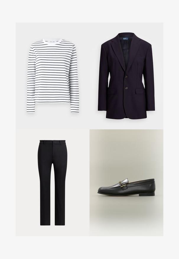 Mørkeblå blazer lavet af tekstureret stof, med enkeltknappet design, slagkraver, to forlommer og to knaplukninger.; Langærmet skjorte i hvid bomuld med sorte horisontale striber. Har en rund halsudskæring og en afslappet pasform. Ingen bemærkelsesværdige accenter eller mønstre.; Sorte bukser med lige ben, bæltestropper og slim fit, vist mod en ensartet lys baggrund.; Sort læderloafer med sølv øverste, gyldent kædedetalje, lav hæl og rundet tå på neutral baggrund.