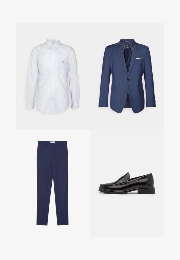 Námornícky modrý blazer so štruktúrovaným dizajnom, dvojitými gombíkmi, klopami a náprsníkom s bielym akcentom. Textúrovaný povrch látky.; Svetlomodrá kockovaná košeľa na gombíky s dlhými rukávmi, golierom a malým logom na hrudi. Vyrobená z bavlny, s hladkou textúrou.; Námornícke nohavice z hladkej tkaniny s plochým predným dielom, dvoma bočnými vreckami, zapínaním na zips a čistým lemovaním bez vzorov alebo akcentov.; Čierne kožené mokasíny s okrúhlou špičkou, s prešitím cez vrchnú časť a nízkym blokovým podpätkom. Hladká textúra a lesklý povrch.