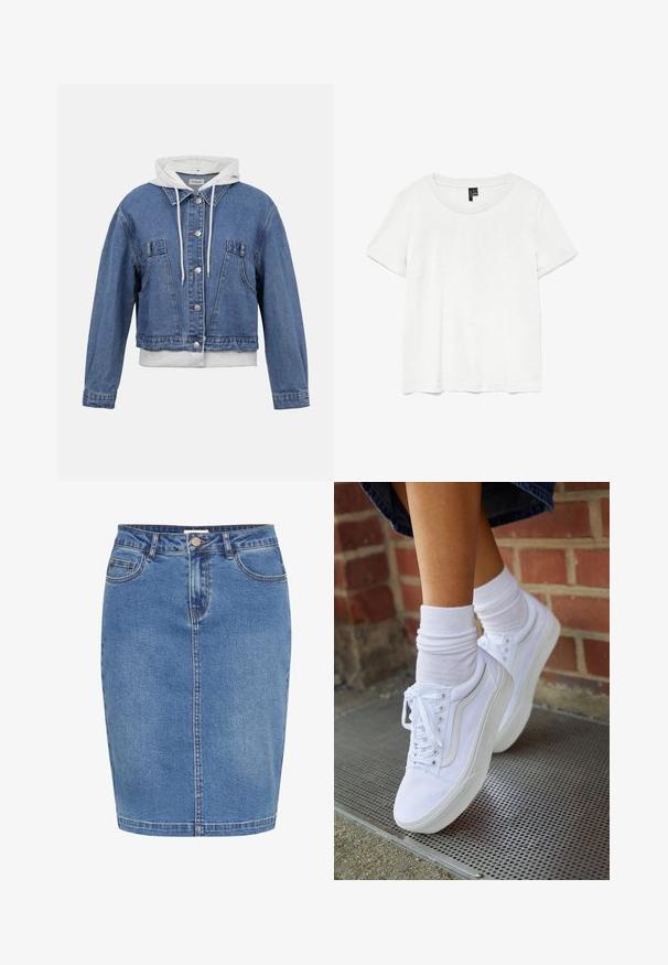 Blauwe spijkerjack met witte capuchon en trekkoorden, knoopsluiting aan de voorkant en twee borstzakken tegen een effen achtergrond.; Witte t-shirt met korte mouwen en een ronde hals, gemaakt van lichte stof. Eenvoudig ontwerp, gladde textuur en rechte zoom.; Denim rok in lichtblauw met een aansluitend ontwerp, sluiting met knopen aan de voorkant, vijf zakken en contrasterende stiksels langs de naden.; Witte canvas sneakers met rubberen zolen, voorzien van zes vetertjes, een ronde neus en lichte stikdetails, gecombineerd met witte enkelsokken.